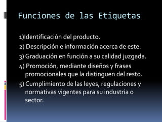 Funciones de las Etiquetas

1)Identificación del producto.
2) Descripción e información acerca de este.
3) Graduación en función a su calidad juzgada.
4) Promoción, mediante diseños y frases
   promocionales que la distinguen del resto.
5) Cumplimiento de las leyes, regulaciones y
   normativas vigentes para su industria o
   sector.
 