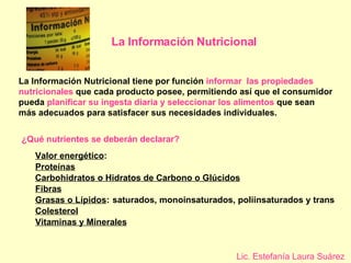 La Información Nutricional La Información Nutricional tiene por función  informar  las propiedades nutricionales  que cada producto posee, permitiendo así que el consumidor pueda  planificar su ingesta diaria y seleccionar los alimentos  que sean más adecuados para satisfacer sus necesidades individuales. ¿Qué nutrientes se deberán declarar? Valor energético :  Proteínas   Carbohidratos o Hidratos de Carbono o Glúcidos   Fibras   Grasas o Lípidos :  saturados, monoinsaturados, poliinsaturados y trans   Colesterol   Vitaminas y Minerales   Lic. Estefanía Laura Suárez 