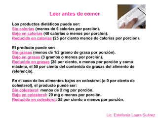 Leer antes de comer Los productos dietéticos puede ser: Sin calorías  (menos de 5 calorías por porción). Bajo en calorías  (40 calorías o menos por porción). Reducido en calorías  (25 por ciento menos de calorías por porción). El producto puede ser:  Sin grasas  (menos de 1/2 gramo de grasa por porción). Bajo en grasas  (3 gramos o menos por porción). Reducido en grasas  (25 por ciento, o menos por porción y como máximo, el 50 por ciento del contenido de grasas del alimento de referencia). En el caso de los alimentos bajos en colesterol (o 0 por ciento de colesterol), el producto puede ser:  Sin colesterol :  menos de 2 mg por porción. Bajo en colesterol : 20 mg o menos por porción. Reducido en colesterol : 25 por ciento o menos por porción. Lic. Estefanía Laura Suárez 