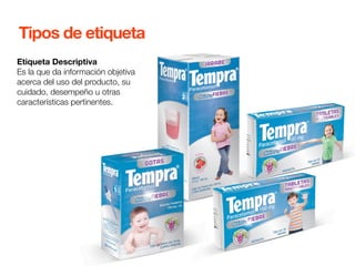 Tipos de etiqueta 
Etiqueta Descriptiva 
Es la que da información objetiva 
acerca del uso del producto, su 
cuidado, desempeño u otras 
características pertinentes. 
 