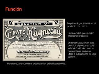 En primer lugar, identifican el 
producto o la marca. 
En segundo lugar, pueden 
graduar el producto. 
En tercer lugar, sirven para 
describir el producto: quién 
lo fabricó, dónde, cuándo, 
qué contiene, cómo se 
utiliza e indicaciones de uso 
seguro. 
Función 
Por último, promueven el producto con gráficos atractivos. 
 