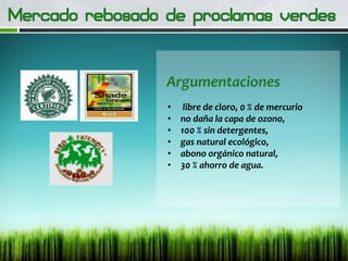 • libre de cloro, 0 % de mercurio
• no daña la capa de ozono,
• 100 % sin detergentes,
• gas natural ecológico,
• abono orgánico natural,
• 30 % ahorro de agua.
Argumentaciones
 