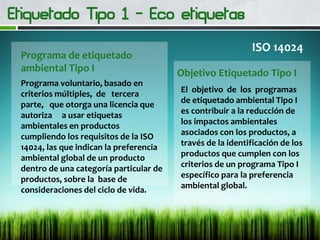 Programa voluntario, basado en
criterios múltiples, de tercera
parte, que otorga una licencia que
autoriza a usar etiquetas
ambientales en productos
cumpliendo los requisitos de la ISO
14024, las que indican la preferencia
ambiental global de un producto
dentro de una categoría particular de
productos, sobre la base de
consideraciones del ciclo de vida.
Programa de etiquetado
ambiental Tipo I Objetivo Etiquetado Tipo I
El objetivo de los programas
de etiquetado ambiental Tipo I
es contribuir a la reducción de
los impactos ambientales
asociados con los productos, a
través de la identificación de los
productos que cumplen con los
criterios de un programa Tipo I
específico para la preferencia
ambiental global.
ISO 14024
 