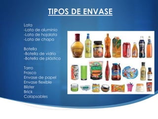 Lata
-Lata de aluminio
-Lata de hojalata
-Lata de chapa
Botella
-Botella de vidrio
-Botella de plástico
Tarro
Frasco
Envase de papel
Envase flexible
Blíster
Brick
Colapsables
TIPOS DE ENVASE
 