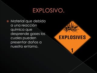    Material que debido
    a una reacción
    química que
    desprende gases los
    cuales pueden
    presentar daños a
    nuestro entorno.
 