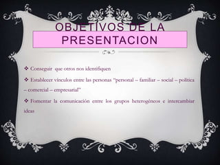 OBJETIVOS DE LA
PRESENTACION
 Conseguir que otros nos identifiquen
 Establecer vínculos entre las personas “personal – familiar – social – política
– comercial – empresarial”
 Fomentar la comunicación entre los grupos heterogéneos e intercambiar
ideas
 
