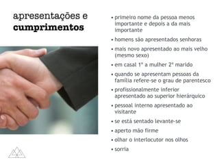 • primeiro nome da pessoa menos
importante e depois a da mais
importante
• homens são apresentados senhoras
• mais novo apresentado ao mais velho
(mesmo sexo)
• em casal 1º a mulher 2º marido
• quando se apresentam pessoas da
família refere-se o grau de parentesco
• profissionalmente inferior
apresentado ao superior hierárquico
• pessoal interno apresentado ao
visitante
• se está sentado levante-se
• aperto mão firme
• olhar o interlocutor nos olhos
• sorria
apresentações e
cumprimentos
 