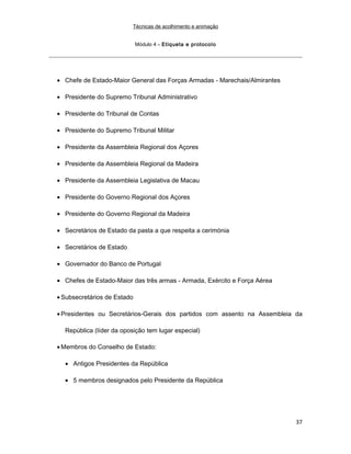 Técnicas de acolhimento e animação
Módulo 4 – Etiqueta e protocolo
• Chefe de Estado-Maior General das Forças Armadas - Marechais/Almirantes
• Presidente do Supremo Tribunal Administrativo
• Presidente do Tribunal de Contas
• Presidente do Supremo Tribunal Militar
• Presidente da Assembleia Regional dos Açores
• Presidente da Assembleia Regional da Madeira
• Presidente da Assembleia Legislativa de Macau
• Presidente do Governo Regional dos Açores
• Presidente do Governo Regional da Madeira
• Secretários de Estado da pasta a que respeita a cerimónia
• Secretários de Estado
• Governador do Banco de Portugal
• Chefes de Estado-Maior das três armas - Armada, Exército e Força Aérea
• Subsecretários de Estado
• Presidentes ou Secretários-Gerais dos partidos com assento na Assembleia da
República (líder da oposição tem lugar especial)
• Membros do Conselho de Estado:
• Antigos Presidentes da República
• 5 membros designados pelo Presidente da República
37
 