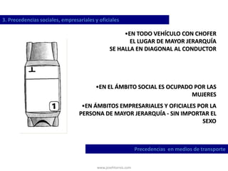www.josehtorres.com
3. Precedencias sociales, empresariales y oficiales
Precedencias en medios de transporte
•EN TODO VEHÍCULO CON CHOFER
EL LUGAR DE MAYOR JERARQUÍA
SE HALLA EN DIAGONAL AL CONDUCTOR
•EN EL ÁMBITO SOCIAL ES OCUPADO POR LAS
MUJERES
•EN ÁMBITOS EMPRESARIALES Y OFICIALES POR LA
PERSONA DE MAYOR JERARQUÍA - SIN IMPORTAR EL
SEXO
 