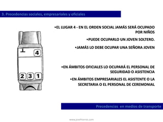 www.josehtorres.com
3. Precedencias sociales, empresariales y oficiales
Precedencias en medios de transporte
•EL LUGAR 4 - EN EL ORDEN SOCIAL JAMÁS SERÁ OCUPADO
POR NIÑOS
•PUEDE OCUPARLO UN JOVEN SOLTERO.
•JAMÁS LO DEBE OCUPAR UNA SEÑORA JOVEN
•EN ÁMBITOS OFICIALES LO OCUPARÁ EL PERSONAL DE
SEGURIDAD O ASISTENCIA
•EN ÁMBITOS EMPRESARIALES EL ASISTENTE O LA
SECRETARIA O EL PERSONAL DE CEREMONIAL
 