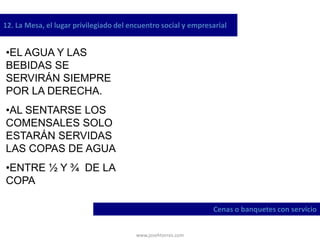 www.josehtorres.com
12. La Mesa, el lugar privilegiado del encuentro social y empresarial
Cenas o banquetes con servicio
•EL AGUA Y LAS
BEBIDAS SE
SERVIRÁN SIEMPRE
POR LA DERECHA.
•AL SENTARSE LOS
COMENSALES SOLO
ESTARÁN SERVIDAS
LAS COPAS DE AGUA
•ENTRE ½ Y ¾ DE LA
COPA
 
