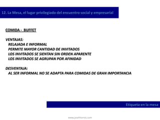 www.josehtorres.com
12. La Mesa, el lugar privilegiado del encuentro social y empresarial
Etiqueta en la mesa
COMIDA - BUFFET
VENTAJAS:
RELAJADA E INFORMAL
PERMITE MAYOR CANTIDAD DE INVITADOS
LOS INVITADOS SE SIENTAN SIN ORDEN APARENTE
LOS INVITADOS SE AGRUPAN POR AFINIDAD
DESVENTAJA:
AL SER INFORMAL NO SE ADAPTA PARA COMIDAS DE GRAN IMPORTANCIA
 