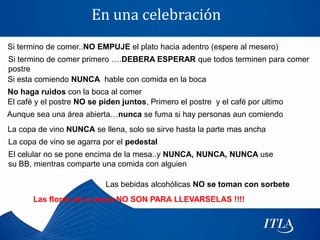 En una celebración
Si termino de comer..NO EMPUJE el plato hacia adentro (espere al mesero)
Si termino de comer primero ….DEBERA ESPERAR que todos terminen para comer
postre
Si esta comiendo NUNCA hable con comida en la boca
No haga ruidos con la boca al comer
El café y el postre NO se piden juntos, Primero el postre y el café por ultimo
Aunque sea una área abierta…nunca se fuma si hay personas aun comiendo
La copa de vino NUNCA se llena, solo se sirve hasta la parte mas ancha
La copa de vino se agarra por el pedestal
El celular no se pone encima de la mesa..y NUNCA, NUNCA, NUNCA use
su BB, mientras comparte una comida con alguien

                           Las bebidas alcohólicas NO se toman con sorbete
       Las flores de la mesa NO SON PARA LLEVARSELAS !!!!
 
