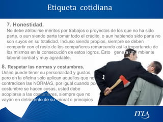 Etiqueta cotidiana

  7. Honestidad.
  No debe atribuirse méritos por trabajos o proyectos de los que no ha sido
  parte, o aun siendo parte tomar todo el crédito. o aun habiendo sido parte no
  son suyos en su totalidad. Incluso siendo propios, siempre se deben
  compartir con el resto de los compañeros remarcando así la importancia de
  los mismos en la consecución de estos logros. Esto genera un ambiente
  laboral cordial y muy agradable.

8. Respetar las normas y costumbres.
Usted puede tener su personalidad y gustos,
pero en la oficina solo aplican aquellos que no
contradicen las NORMAS, por igual cuando por
costumbre se hacen cosas, usted debe
acoplarse a las costumbres, siempre que no
vayan en detrimento de su moral o principios
 