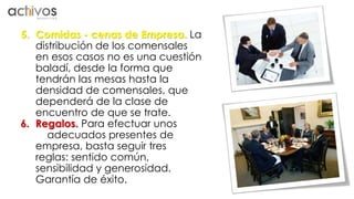 5. Comidas - cenas de Empresa. La 
distribución de los comensales 
en esos casos no es una cuestión 
baladí, desde la forma que 
tendrán las mesas hasta la 
densidad de comensales, que 
dependerá de la clase de 
encuentro de que se trate. 
6. Regalos. Para efectuar unos 
adecuados presentes de 
empresa, basta seguir tres 
reglas: sentido común, 
sensibilidad y generosidad. 
Garantía de éxito. 
 