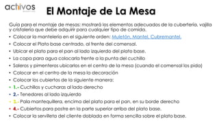 El Montaje de La Mesa 
Guía para el montaje de mesas: mostrará los elementos adecuados de la cubertería, vajilla 
y cristalería que debe adquirir para cualquier tipo de comida. 
• Colocar la mantelería en el siguiente orden: Muletón, Mantel, Cubremantel. 
• Colocar el Plato base centrado, al frente del comensal. 
• Ubicar el plato para el pan al lado izquierdo del plato base. 
• La copa para agua colocarla frente a la punta del cuchillo 
• Saleros y pimenteros ubicarlos en el centro de la mesa (cuando el comensal los pida) 
• Colocar en el centro de la mesa la decoración 
• Colocar los cubiertos de la siguiente manera: 
• 1.- Cuchillos y cucharas al lado derecho 
• 2.- Tenedores al lado izquierdo 
• 3.- Pala mantequillera, encima del plato para el pan, en su borde derecho 
• 4.- Cubiertos para postre en la parte superior arriba del plato base. 
• Colocar la servilleta del cliente doblada en forma sencilla sobre el plato base. 
 