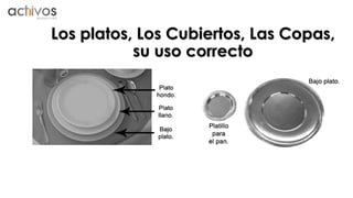 Los platos, Los Cubiertos, Las Copas, 
su uso correcto 
 