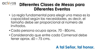 Diferentes Clases de Mesas para 
Diferentes Eventos 
• La regla fundamental para elegir una mesa es la 
capacidad según las necesidades, es decir, el 
tamaño debe ser proporcional al número de 
invitados. 
• Cada persona ocupa aprox. 70 - 80cms. 
• Considerando que entre cada Comensal debe 
tener aprox. 60 – 75 cms. 
A tal Señor, tal honor. 
 