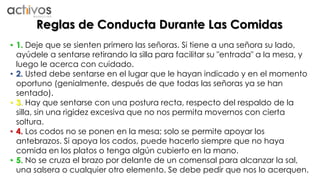 Reglas de Conducta Durante Las Comidas 
• 1. Deje que se sienten primero las señoras. Si tiene a una señora su lado, 
ayúdele a sentarse retirando la silla para facilitar su "entrada" a la mesa, y 
luego le acerca con cuidado. 
• 2. Usted debe sentarse en el lugar que le hayan indicado y en el momento 
oportuno (genialmente, después de que todas las señoras ya se han 
sentado). 
• 3. Hay que sentarse con una postura recta, respecto del respaldo de la 
silla, sin una rigidez excesiva que no nos permita movernos con cierta 
soltura. 
• 4. Los codos no se ponen en la mesa; solo se permite apoyar los 
antebrazos. Si apoya los codos, puede hacerlo siempre que no haya 
comida en los platos o tenga algún cubierto en la mano. 
• 5. No se cruza el brazo por delante de un comensal para alcanzar la sal, 
una salsera o cualquier otro elemento. Se debe pedir que nos lo acerquen. 
 