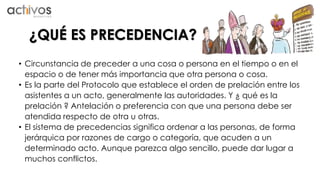 ¿QUÉ ES PRECEDENCIA? 
• Circunstancia de preceder a una cosa o persona en el tiempo o en el 
espacio o de tener más importancia que otra persona o cosa. 
• Es la parte del Protocolo que establece el orden de prelación entre los 
asistentes a un acto, generalmente las autoridades. Y ¿ qué es la 
prelación ? Antelación o preferencia con que una persona debe ser 
atendida respecto de otra u otras. 
• El sistema de precedencias significa ordenar a las personas, de forma 
jerárquica por razones de cargo o categoría, que acuden a un 
determinado acto. Aunque parezca algo sencillo, puede dar lugar a 
muchos conflictos. 
 