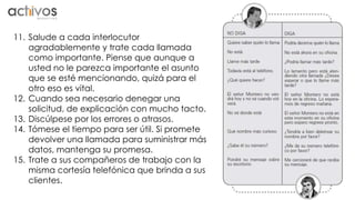 11. Salude a cada interlocutor 
agradablemente y trate cada llamada 
como importante. Piense que aunque a 
usted no le parezca importante el asunto 
que se esté mencionando, quizá para el 
otro eso es vital. 
12. Cuando sea necesario denegar una 
solicitud, de explicación con mucho tacto. 
13. Discúlpese por los errores o atrasos. 
14. Tómese el tiempo para ser útil. Si promete 
devolver una llamada para suministrar más 
datos, mantenga su promesa. 
15. Trate a sus compañeros de trabajo con la 
misma cortesía telefónica que brinda a sus 
clientes. 
 