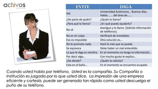 Cuando usted habla por teléfono. Usted es la compañía. Su Compañía o 
Institución es juzgada por lo que usted dice. La impresión de una empresa 
eficiente y cortesía, puede ser generada tan rápido como usted descuelga el 
puño de su teléfono. 
 