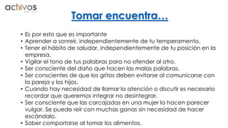 Tomar encuentra… 
• Es por esto que es importante 
• Aprender a sonreír, independientemente de tu temperamento. 
• Tener el hábito de saludar, independientemente de tu posición en la 
empresa. 
• Vigilar el tono de tus palabras para no ofender al otro. 
• Ser consciente del daño que hacen las malas palabras. 
• Ser conscientes de que los gritos deben evitarse al comunicarse con 
la pareja y los hijos. 
• Cuando hay necesidad de llamar la atención o discutir es necesario 
recordar que queremos integrar no desintegrar. 
• Ser consciente que las carcajadas en una mujer la hacen parecer 
vulgar. Se puede reír con muchas ganas sin necesidad de hacer 
escándalo. 
• Saber comportarse al tomar los alimentos. 
 