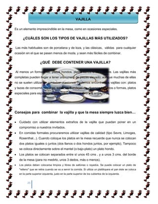 VAJILLA

Es un elemento imprescindible en la mesa, como en ocasiones especiales.


      ¿CUÁLES SON LOS TIPOS DE VAJILLAS MÁS UTILIZADOS?

Las más habituales son de porcelana y de loza, y las clásicas, válidas para cualquier
ocasión en el que se pasen menos de moda, y sean más fáciles de combinar.


                      ¿QUÉ DEBE CONTENER UNA VAJILLA?

Al menos un formato de: platos hondos, platos llanos o de                      postre. Las vajillas más
completas pueden llegar a tener un número de piezas elevado, aunque muchas de ellas
no se suelen utilizar en contadas ocasiones. Podemos encontrarnos vajillas con: platos
y tazas de consomé, soperas, salseras, bandejas de diversos tamaños o formas, platos
especiales para espárragos, caracoles, cuencos diversos entre otros.




Consejos para combinar la vajilla y que la mesa siempre luzca bien…

   Cuidado con utilizar elementos extraños de la vajilla que puedan poner en un
   compromiso a nuestros invitados.
   En comidas formales procuraremos utilizar vajillas de calidad (tipo Sevre, Limoges,
   Rosenthal...). Cuando coloque los platos en la mesa recuerde que nunca se colocan
   dos platos iguales o juntos (dos llanos o dos hondos juntos, por ejemplo). Tampoco
   se coloca directamente sobre el mantel (o bajo-plato) un plato hondo.
   Los platos se colocan separados entre sí unos 45 cms . y a unos 3 cms. del borde
   de la mesa (para no medirlo, unos 3 dedos, más o menos).
   Los platos deben colocarse limpios y libres de saltones o rayados. Se puede colocar un plato de
   "relleno" que se retira cuando se va a servir la comida. Si utiliza un platillopara el pan éste se coloca
   en la parte superior izquierda, justo en la parte superior de los cubiertos de la izquierda.


          25
 