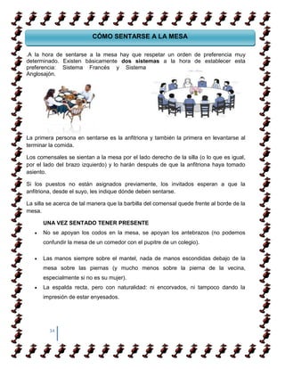 do nos sentamos a la mesa, lo primero que debemosA LA MESA la silla, sin arrastrarla,
                            CÓMO SENTARSE hacer es mover
siempre que sea posible (a veces las sillas son demasiado pesadas para poderlas levantar).

.A la hora de sentarse a la mesa hay que respetar un orden de preferencia muy
determinado. Existen básicamente dos sistemas a la hora de establecer esta
preferencia: Sistema Francés y Sistema
Anglosajón.




La primera persona en sentarse es la anfitriona y también la primera en levantarse al
terminar la comida.

Los comensales se sientan a la mesa por el lado derecho de la silla (o lo que es igual,
por el lado del brazo izquierdo) y lo harán después de que la anfitriona haya tomado
asiento.

Si los puestos no están asignados previamente, los invitados esperan a que la
anfitriona, desde el suyo, les indique dónde deben sentarse.

La silla se acerca de tal manera que la barbilla del comensal quede frente al borde de la
mesa.

      UNA VEZ SENTADO TENER PRESENTE
      No se apoyan los codos en la mesa, se apoyan los antebrazos (no podemos
      confundir la mesa de un comedor con el pupitre de un colegio).

      Las manos siempre sobre el mantel, nada de manos escondidas debajo de la
      mesa sobre las piernas (y mucho menos sobre la pierna de la vecina,
      especialmente si no es su mujer).
      La espalda recta, pero con naturalidad: ni encorvados, ni tampoco dando la
      impresión de estar enyesados.




         34
 