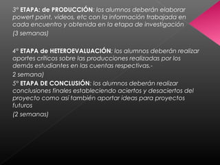 3° ETAPA: de PRODUCCIÓN: los alumnos deberán elaborar
powert point, videos, etc con la información trabajada en
cada encuentro y obtenida en la etapa de investigación
(3 semanas)
4° ETAPA de HETEROEVALUACIÓN: los alumnos deberán realizar
aportes críticos sobre las producciones realizadas por los
demás estudiantes en las cuentas respectivas.-
2 semana)
5° ETAPA DE CONCLUSIÓN: los alumnos deberán realizar
conclusiones finales estableciendo aciertos y desaciertos del
proyecto como así también aportar ideas para proyectos
futuros
(2 semanas)
 
