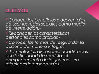 Conocer los beneficios y desventajas
de usar las redes sociales como medio
de interrelación.-
Reconocer las características
personales como propias.-
Conocer las formas de resguardar la
persona de manera íntegra.-
 Fomentar las discusiones académicas
con la finalidad de modular el
comportamiento de los jóvenes en
relaciones interpersonales .-
 