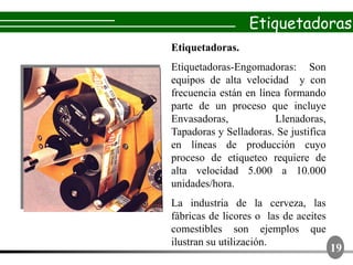 Etiquetadoras
Etiquetadoras.
Etiquetadoras-Engomadoras: Son
equipos de alta velocidad y con
frecuencia están en línea formando
parte de un proceso que incluye
Envasadoras,            Llenadoras,
Tapadoras y Selladoras. Se justifica
en líneas de producción cuyo
proceso de etiqueteo requiere de
alta velocidad 5.000 a 10.000
unidades/hora.
La industria de la cerveza, las
fábricas de licores o las de aceites
comestibles son ejemplos que
ilustran su utilización.
                                       19
 
