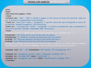 PÁGINA CON MARCOS (no lleva body)
<html>
<head>
<title>título de la página </title>
</head>
<frameset cols= “ 20%”, “ 80%”,> (Divide la página en dos marcos en forma de columnas, cada una
con su anchura correspondiente en porcentaje).
<frame src= “menu.htm” name= “ navegacion ”> (archivo menu.htm que corresponde al marco de
la izquierda, llamado“navegacion”,20% de anchura).
<frame src= “ principal.htm” name= “ contenidos ”> (archivo principal.htm que corresponde al
marco de la derecha, llamado “contenidos”,80% de anchura).
</html>
Las páginas también se pueden dividir en marcos horizontales con <frameset rows= “ , ” >
frameborder=“ No” Evita que se vea el borde entre los marcos.
framespacing=“ 2” Establece 2 píxeles de separación entre los marcos.
scrolling=“ No” Evita que aparezca una barra scroll dentro del marco.
scrolling=“ auto” Mostrará la barra de scroll sólo si es necesario.
Ejemplo de una página con tres marcos en forma de filas. La superior y la inferior tienen un tamaño
fijo de 80 píxels; la del medio es adaptable. No se muestran los bordes entre los marcos.
<frameset rows= “80, * , 80” frameborder= “No” border= “0” framespacing= “0” >
<frameset src= “navegacion_up.htm” name = “topFrame” scrolling= “No” >
<frameset src= “principal.htm” name= “mainFrame” >
<frameset src= “navegacion_down.htm” name= “bottomFrame” scrolling= “No” >
</frameset>
 