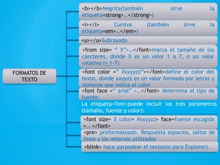 FORMATOS DE
TEXTO
<b></b>Negrita(también sirve la
etiqueta<strong>…</strong>)
<i></i> Cursiva (también sirve la
etiqueta<em>…</em>)
<u></u>Subrayado
<from size= “ X”>…</font>marca el tamaño de los
carcteres, donde X es un valor 1 a 7, o un valor
relativo (+ 1-7)
<font color =“ #xxyyzz”></font>define el color del
texto, donde xxyyzz es un valor formado por letras y
números que indica el color
<font face =“ arial” >…</font> determina el tipo de
fuente.
La etiqueta<font>puede incluir los tres parámetros
(tamaño, fuente y color):
<font size= X color= #xxyyzz> face=fuente escogida
>… </font>
<pre> preformateado. Respuesta espacios, saltos de
línea y los retornos utilizados
<blink> hace parpadear el texto(no para Explorer).
 