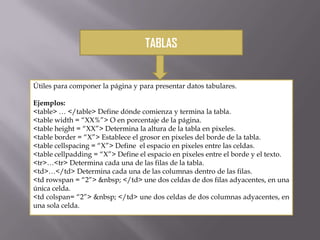 TABLAS
Útiles para componer la página y para presentar datos tabulares.
Ejemplos:
<table> … </table> Define dónde comienza y termina la tabla.
<table width = “XX%”> O en porcentaje de la página.
<table height = “XX”> Determina la altura de la tabla en pixeles.
<table border = “X”> Establece el grosor en pixeles del borde de la tabla.
<table cellspacing = “X”> Define el espacio en pixeles entre las celdas.
<table cellpadding = “X”> Define el espacio en pixeles entre el borde y el texto.
<tr>…<tr> Determina cada una de las filas de la tabla.
<td>…</td> Determina cada una de las columnas dentro de las filas.
<td rowspan = “2”> &nbsp; </td> une dos celdas de dos filas adyacentes, en una
única celda.
<td colspan= “2”> &nbsp; </td> une dos celdas de dos columnas adyacentes, en
una sola celda.
 