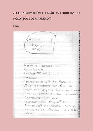 ¿QUE INFORMACIÓN LEVARÁN AS ETIQUETAS DO
NOSO “DOCE DE MARMELO”?

Lara:
 
