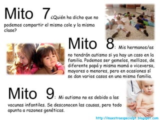 Mito  7 ¿Quién ha dicho que no podemos compartir el mismo cole y la misma clase? Mito  8 :  Mis hermanos/as no tendrán autismo si ya hay un caso en la familia. Podemos ser gemelos, mellizos, de diferente papá y misma mamá o viceversa, mayores o menores, pero en ocasiones sí se dan varios casos en una misma familia. Mito  9 :  Mi autismo no es debido a las vacunas infantiles. Se desconocen las causas, pero todo apunta a razones genéticas. http://maestraespecialpt.blogspot.com 
