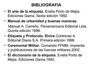BIBLIOGRAFIA
• El arte de la etiqueta. Evelia Porto de Mejía.
Ediciones Gama. Sexta edición 1992.
• Manual de urbanidad y buenas maneras.
Manuel A. Carreño. Panamericana Editorial Ltda.
Quinta edición 1996.
• Etiqueta y Protocolo. Elvira Contreras A.
Editorial Diana S.A. Primera edición 1998.
• Ceremonial Militar. Comando FFMM. Imprenta
y publicaciones de las fuerzas militares.2002.
• El diccionario de la etiqueta. Evelia Porto de
Mejía. Ediciones Gama.1992.
 
