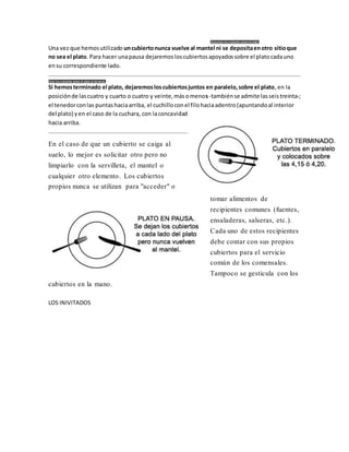 Descanse los cubiertos sobre el plato.
Una vez que hemosutilizado uncubiertonunca vuelve al mantel ni se depositaenotro sitioque
no sea el plato. Para hacer unapausa dejaremosloscubiertosapoyadossobre el platocadauno
ensu correspondiente lado.
Deje los cubiertos sobre el plato al terminar.
Si hemosterminado el plato, dejaremosloscubiertosjuntos en paralelo,sobre el plato,en la
posiciónde lascuatro y cuarto o cuatro y veinte,másomenos-tambiénse admite lasseistreinta-;
el tenedorconlas puntashaciaarriba, el cuchilloconel filohaciaadentro(apuntandoal interior
del plato) yen el caso de la cuchara, con laconcavidad
hacia arriba.
En el caso de que un cubierto se caiga al
suelo, lo mejor es solicitar otro pero no
limpiarlo con la servilleta, el mantel o
cualquier otro elemento. Los cubiertos
propios nunca se utilizan para "acceder" o
tomar alimentos de
recipientes comunes (fuentes,
ensaladeras, salseras, etc.).
Cada uno de estos recipientes
debe contar con sus propios
cubiertos para el servicio
común de los comensales.
Tampoco se gesticula con los
cubiertos en la mano.
LOS INIVITADOS
 