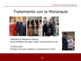 Etiqueta y Protocolo de Negocios Tratamiento con la Monarquía Majestad, Su Majestad o Señor/a Reyes de Bélgica, Noruega, España. Su abreviatura es S.M Su Alteza Real Príncipes, Princesas o Infantas. Su abreviatura es S.A.R. 