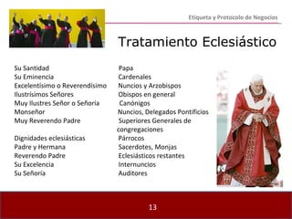 Etiqueta y Protocolo de Negocios Su Santidad  Papa Su Eminencia  Cardenales Excelentísimo o Reverendísimo  Nuncios y Arzobispos Ilustrísimos Señores  Obispos en general Muy Ilustres Señor o Señoría  Canónigos Monseñor  Nuncios, Delegados Pontificios Muy Reverendo Padre  Superiores Generales de  congregaciones Dignidades eclesiásticas  Párrocos Padre y Hermana  Sacerdotes, Monjas Reverendo Padre  Eclesiásticos restantes Su Excelencia  Internuncios Su Señoría  Auditores Tratamiento Eclesiástico 