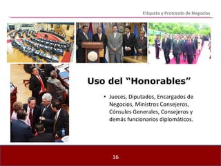Jueces, Diputados, Encargados de Negocios, Ministros Consejeros,  Cónsules Generales, Consejeros y demás funcionarios diplomáticos. Etiqueta y Protocolo de Negocios Uso del “Honorables” 