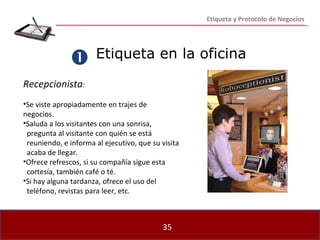 Etiqueta en la oficina    Recepcionista : Se viste apropiadamente en trajes de negocios. Saluda a los visitantes con una sonrisa,  pregunta al visitante con quién se está  reuniendo, e informa al ejecutivo, que su visita acaba de llegar. Ofrece refrescos, si su compañía sigue esta  cortesía, también café o té. Si hay alguna tardanza, ofrece el uso del  teléfono, revistas para leer, etc. Etiqueta y Protocolo de Negocios 