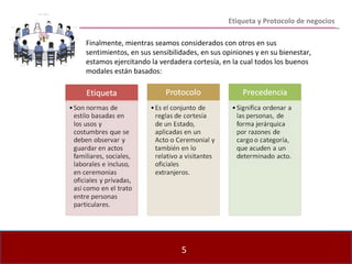 Etiqueta y Protocolo de negocios Finalmente, mientras seamos considerados con otros en sus sentimientos, en sus sensibilidades, en sus opiniones y en su bienestar, estamos ejercitando la verdadera cortesía, en la cual todos los buenos modales están basados: 
