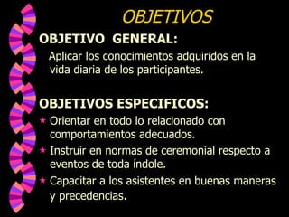 OBJETIVOS OBJETIVO  GENERAL:   Aplicar los conocimientos adquiridos en la vida diaria de los participantes. OBJETIVOS ESPECIFICOS:  Orientar en todo lo relacionado con comportamientos adecuados. Instruir en normas de ceremonial respecto a eventos de toda índole. Capacitar a los asistentes en buenas maneras y precedencias . 