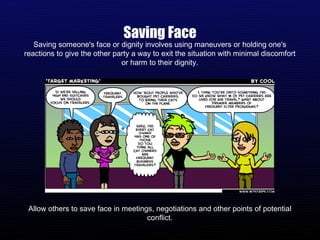 Saving Face Saving someone's face or dignity involves using maneuvers or holding one's reactions to give the other party a way to exit the situation with minimal discomfort or harm to their dignity. Allow others to save face in meetings, negotiations and other points of potential conflict. 