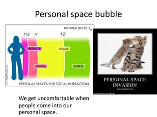 Personal space bubble
We get uncomfortable when
people come into our
personal space.
 