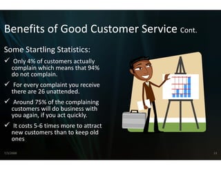 Benefits of Good Cust
Benefits of Good Cust
                    tomer Service Cont.
                    tomer Service Cont
Some Startling Statistics:
             g
     Only 4% of customers actually 
    complain which means that 94% 
    do not complain.
    do not complain
     For every complaint you receive 
    there are 26 unattended.
     Around 75% of the complaining 
    customers will do business with          
    you again, if you act quickly.
    you again, if you act quickly.
    It costs 5‐6 times more to attract 
    new customers than to keep old            
    ones

7/3/2008                                         13
 
