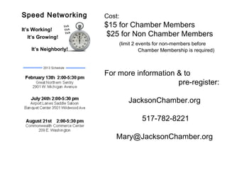 Speed Networking
It’s Working!
It’s Growing!
It’s Neighborly!
Tick
Tick
Tick
Cost:
$15 for Chamber Members
$25 for Non Chamber Members
(limit 2 events for non-members before
Chamber Membership is required)
For more information & to
pre-register:
JacksonChamber.org
517-782-8221
Mary@JacksonChamber.org
 