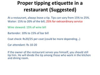Suggested Tips Etiquettes on fine dining | PPT